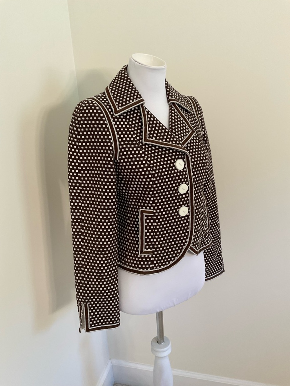 Worth Brown & Cream Polka Dot Blazer Jacket With Hot Pink Lining - Picture 3 of 7